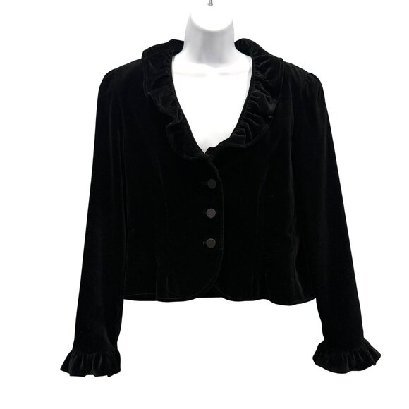 VTG Velvet Ruffle Detail Blazer Jacket Union Made Whimsigoth Black Womens L* - Picture 1 of 16